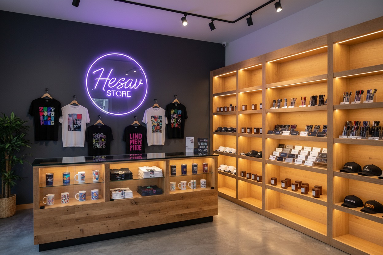Interior de una tienda con un letrero de neón circular que dice Hesav Store, estantes de madera iluminados con mercancía y un mostrador de exhibición.